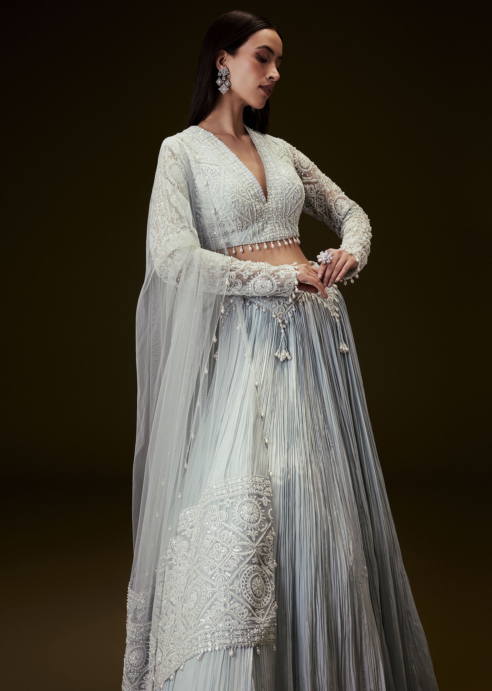 Sky Blue Crepe Sequence Lehenga With Full Sleeve  Blouse