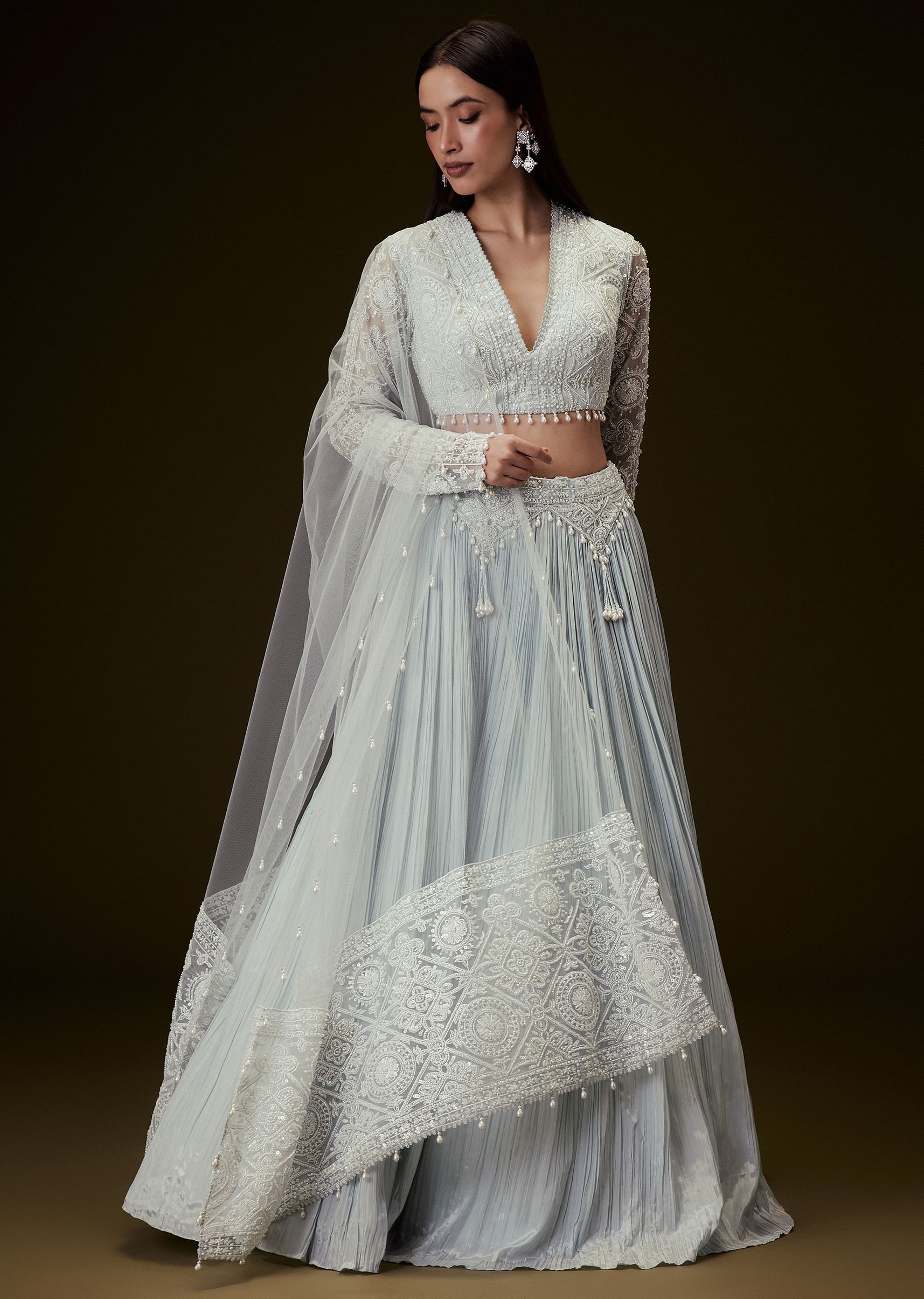 Sky Blue Crepe Sequence Lehenga With Full Sleeve  Blouse