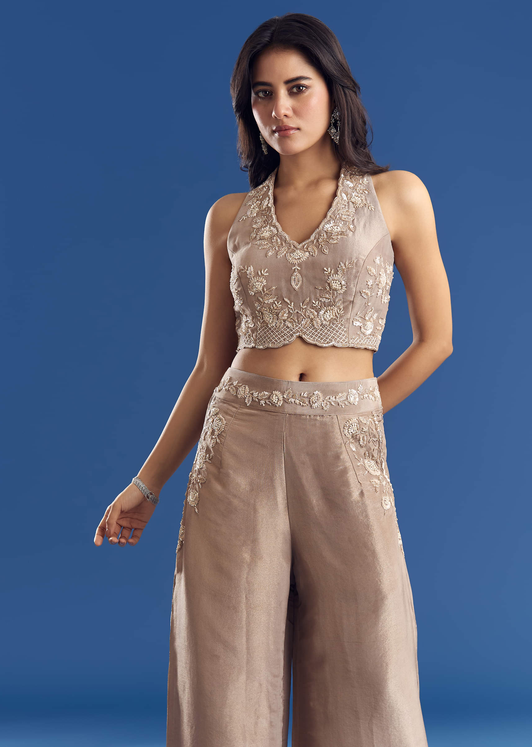 Tissue Croptop And Palazzo Suit With Cutdana Moti Embroidery
