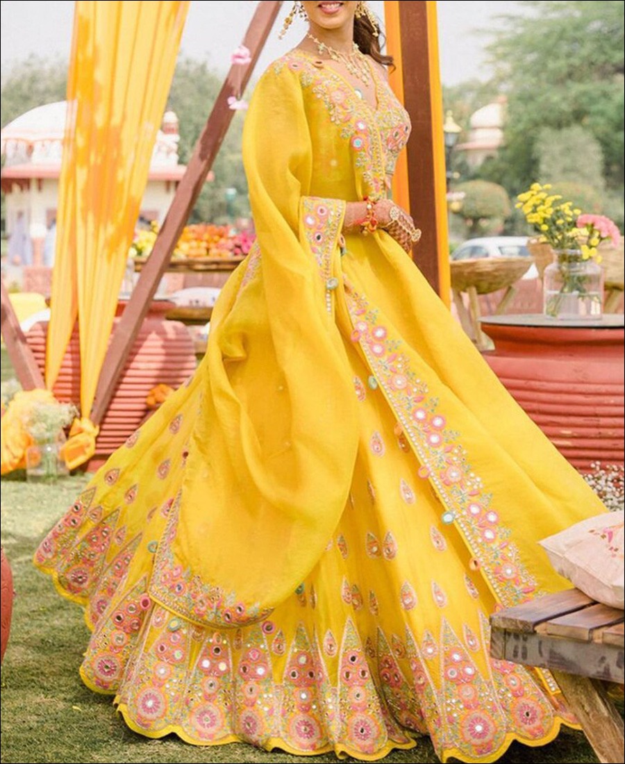 RE - Yellow Georgette Mirror Embroidery Work Lehenga Choli