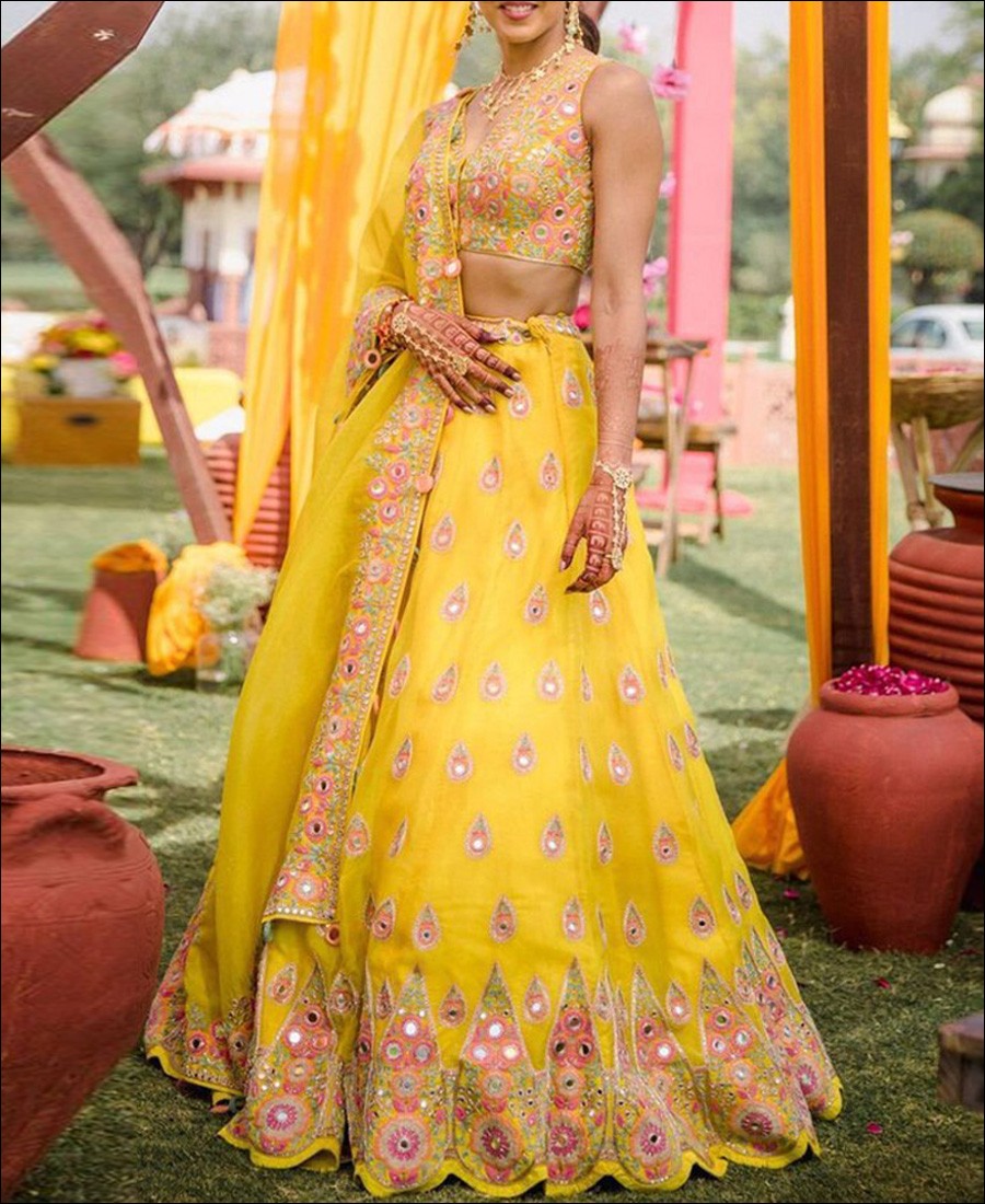RE - Yellow Georgette Mirror Embroidery Work Lehenga Choli