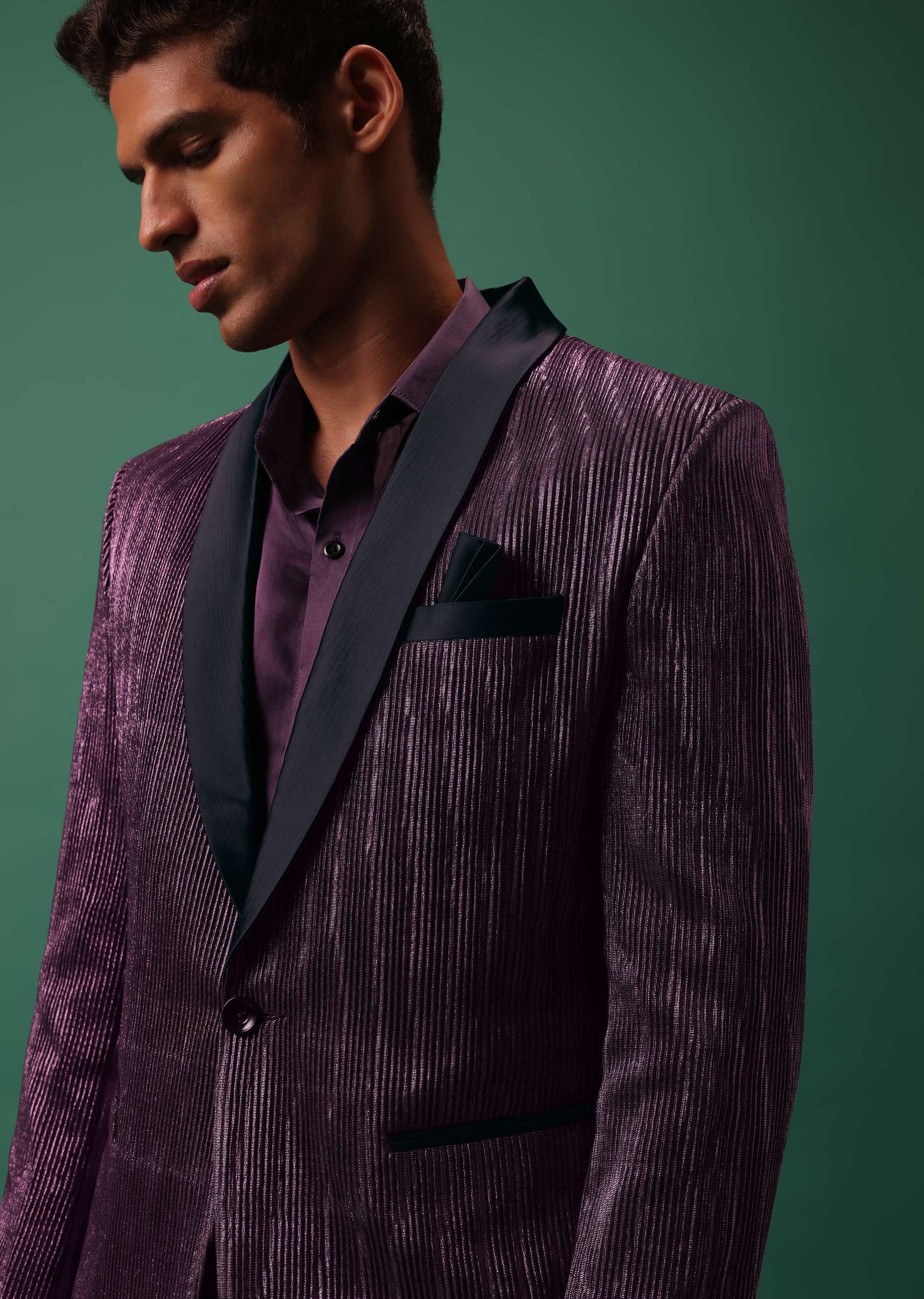 Wine Purple Pleated Tuxedo Set In Shimmer