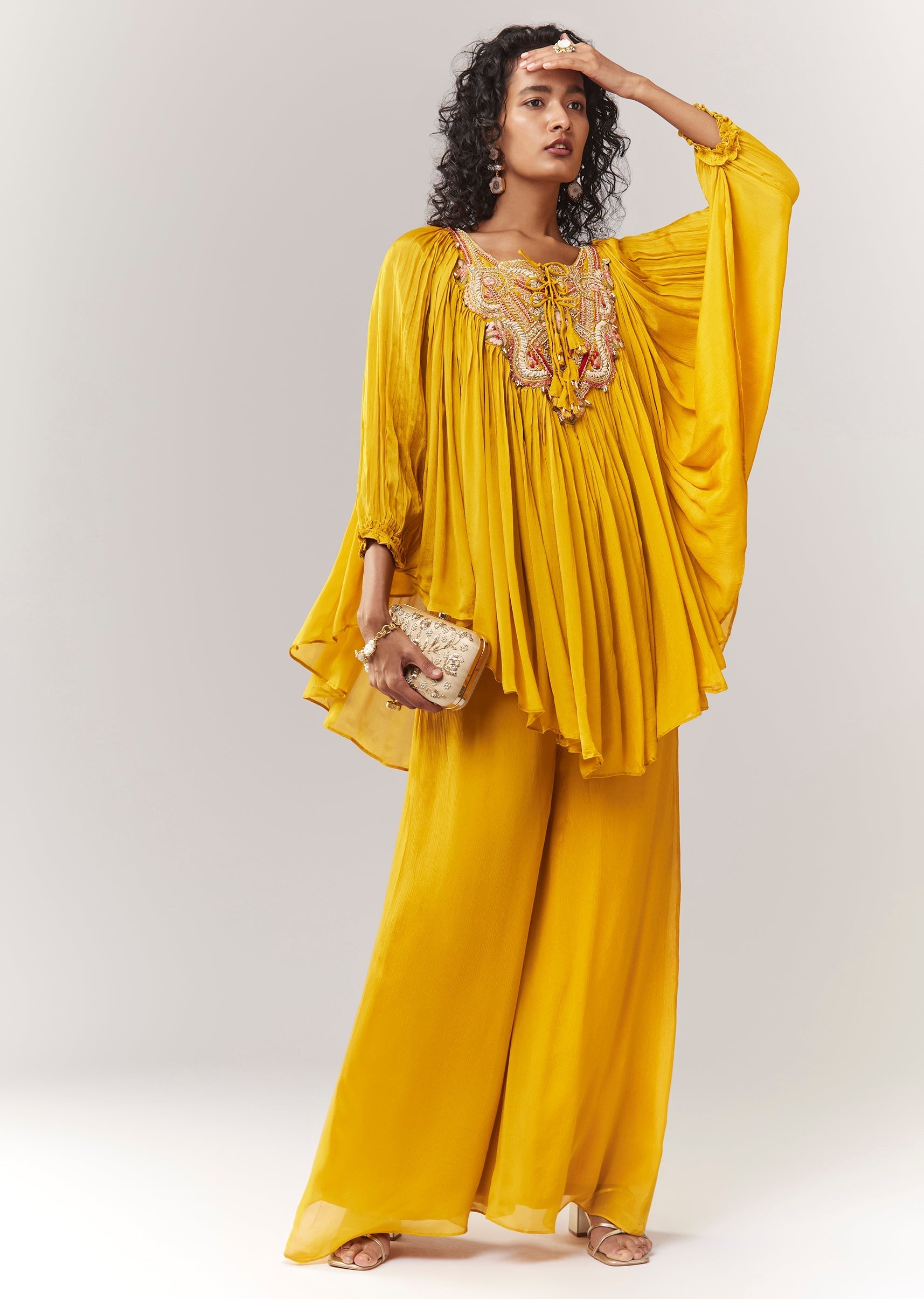 Yellow Cape Style Top Set With Thread And Zardosi Work