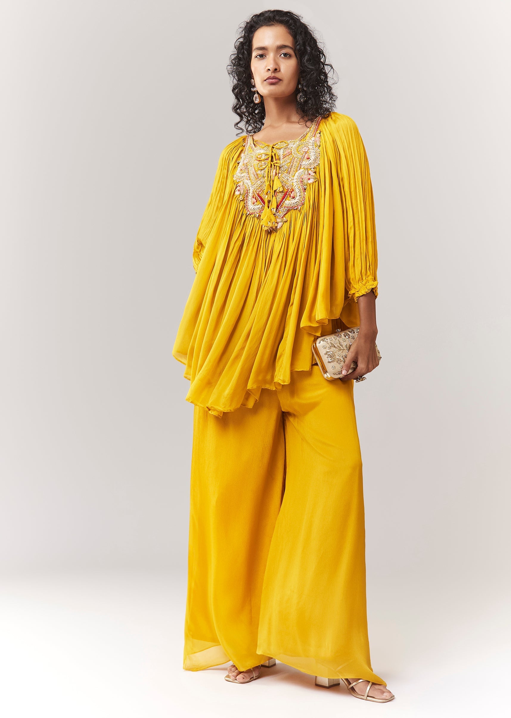 Yellow Cape Style Top Set With Thread And Zardosi Work