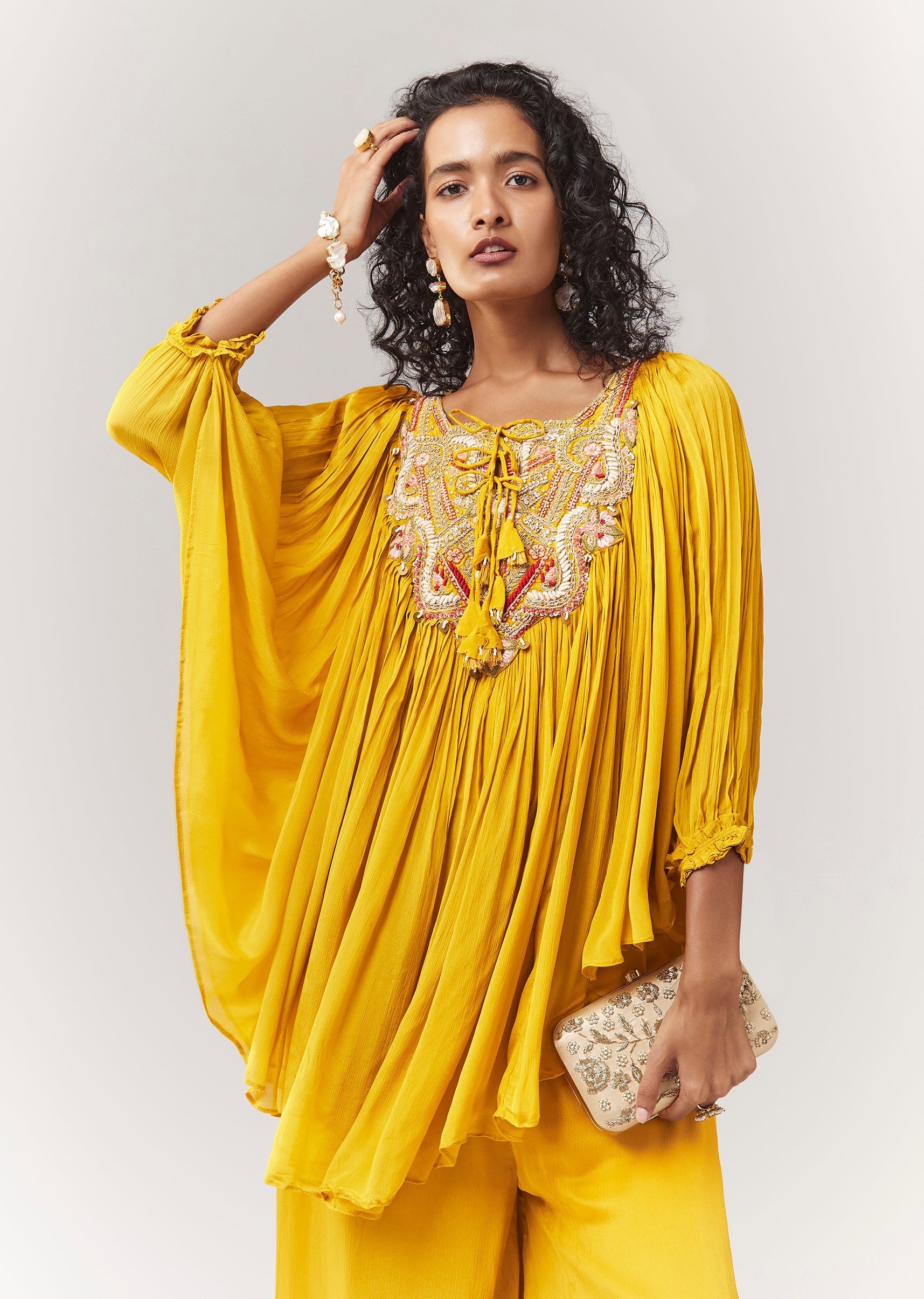 Yellow Cape Style Top Set With Thread And Zardosi Work
