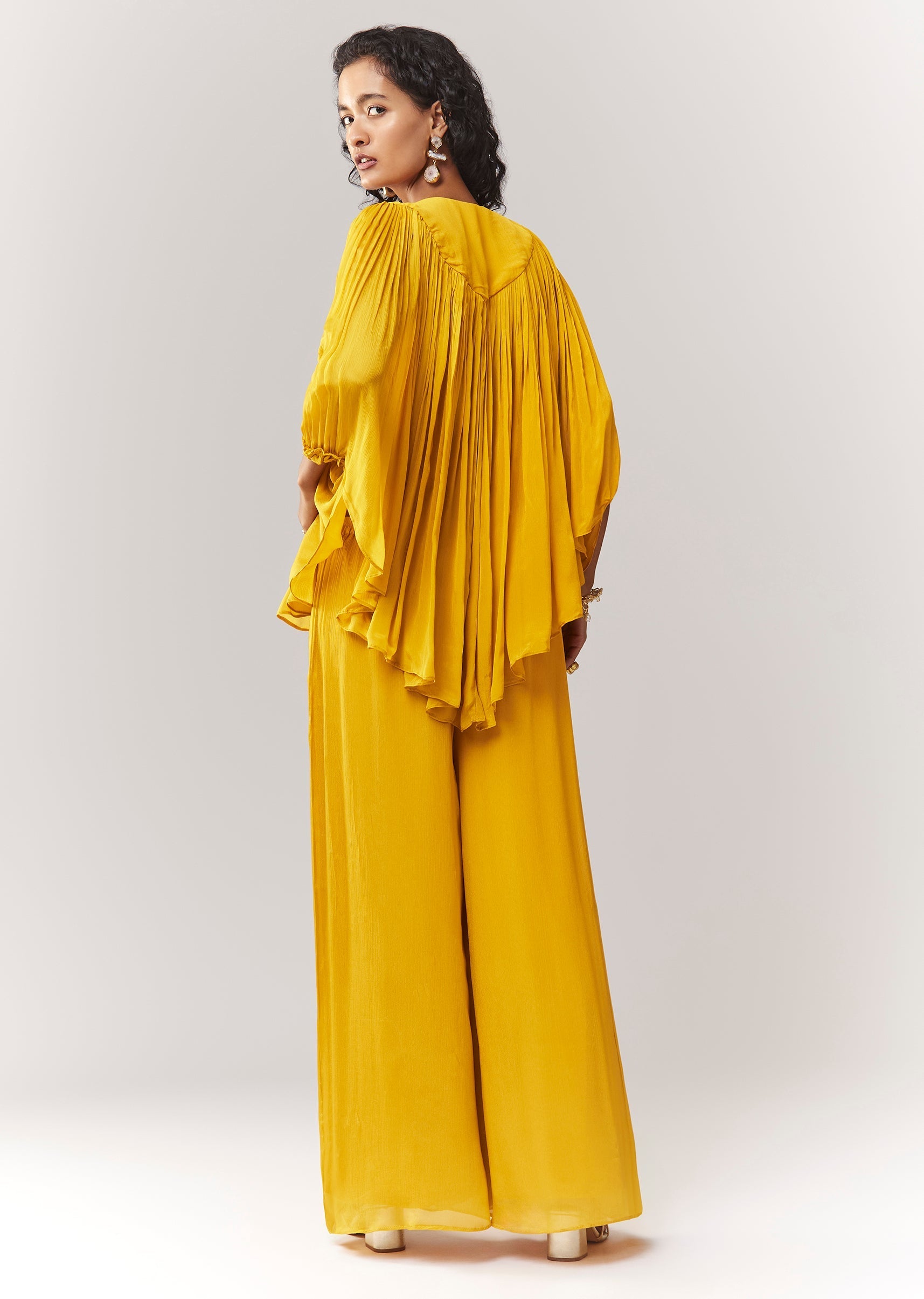 Yellow Cape Style Top Set With Thread And Zardosi Work