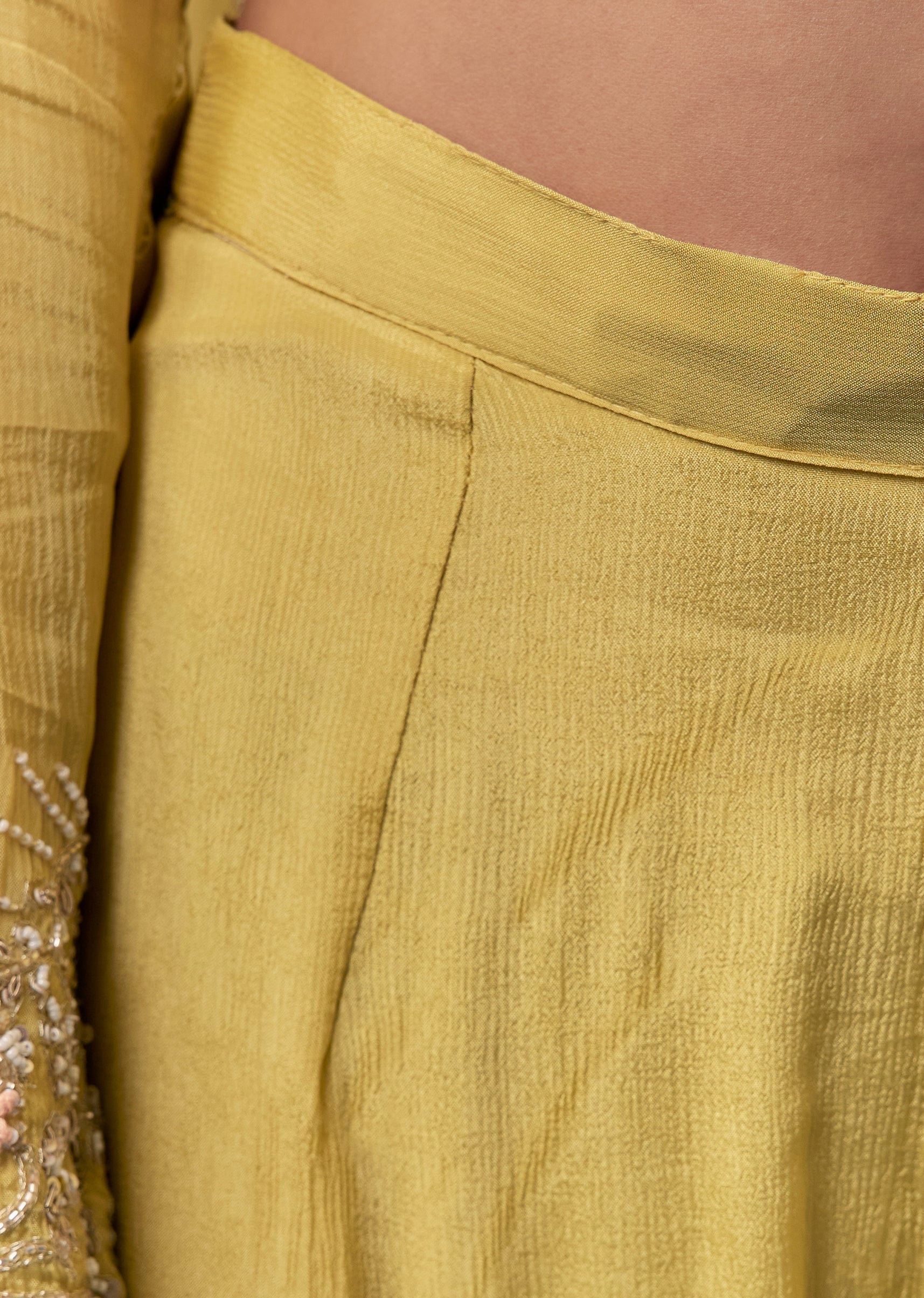 Yellow Chinon Anarkali Set With Moti And Cut Dana Work