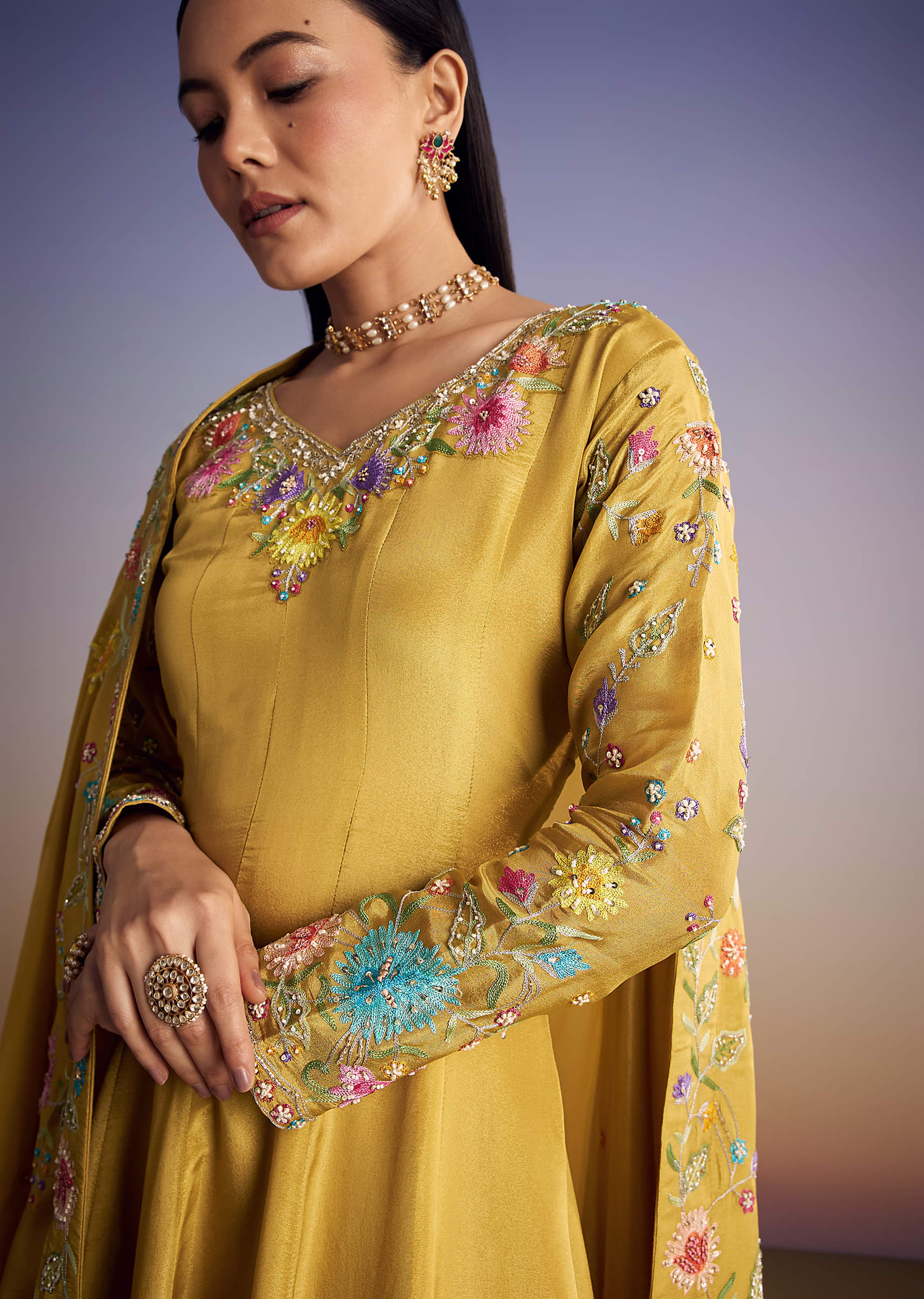 Yellow Tissue Anarkali Set With Resham And Moti Work