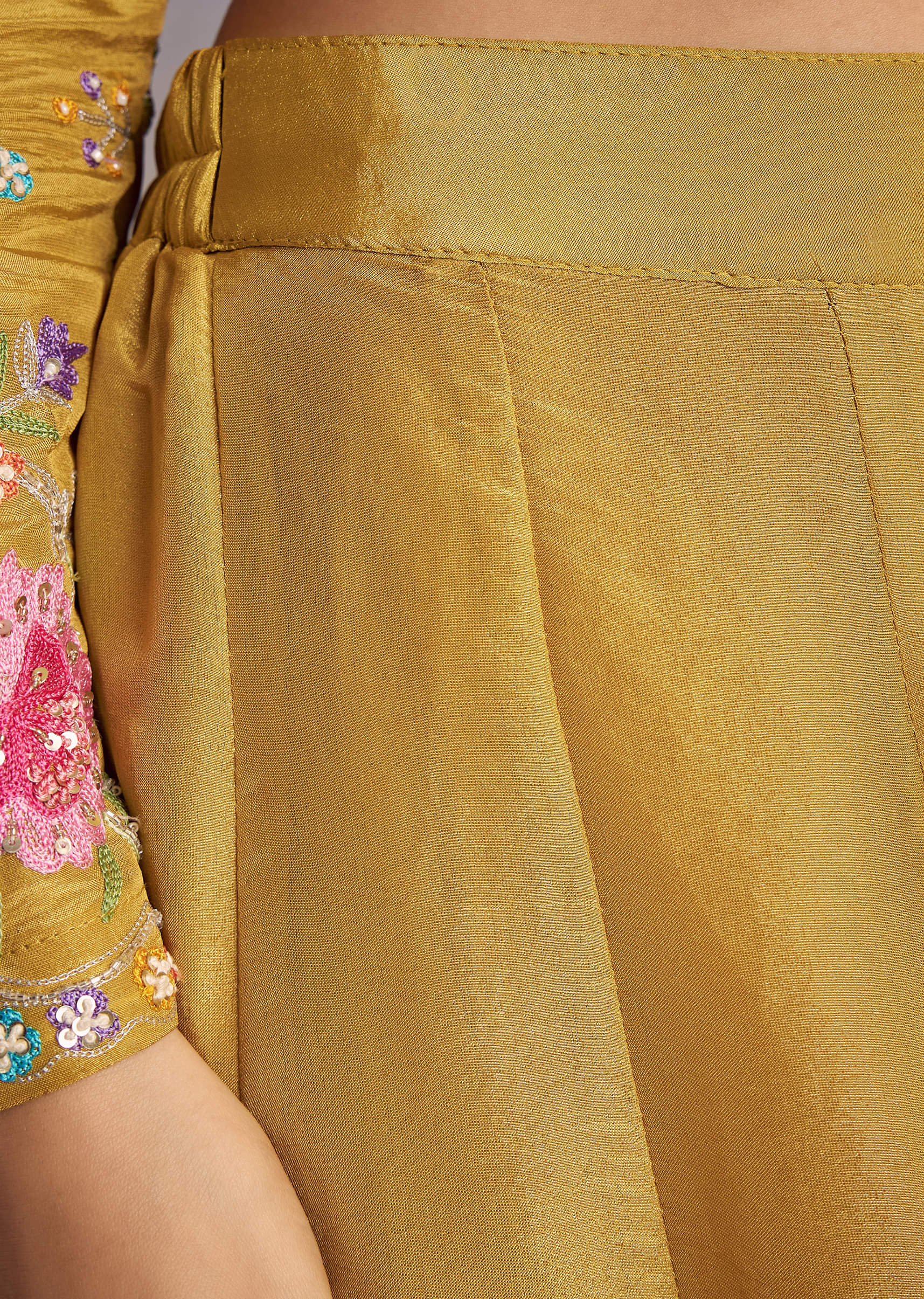 Yellow Tissue Anarkali Set With Resham And Moti Work